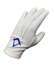 Load image into Gallery viewer, WHITE COTTON GLOVES c/w DARK BLUE SQUARE &amp; COMPASSES