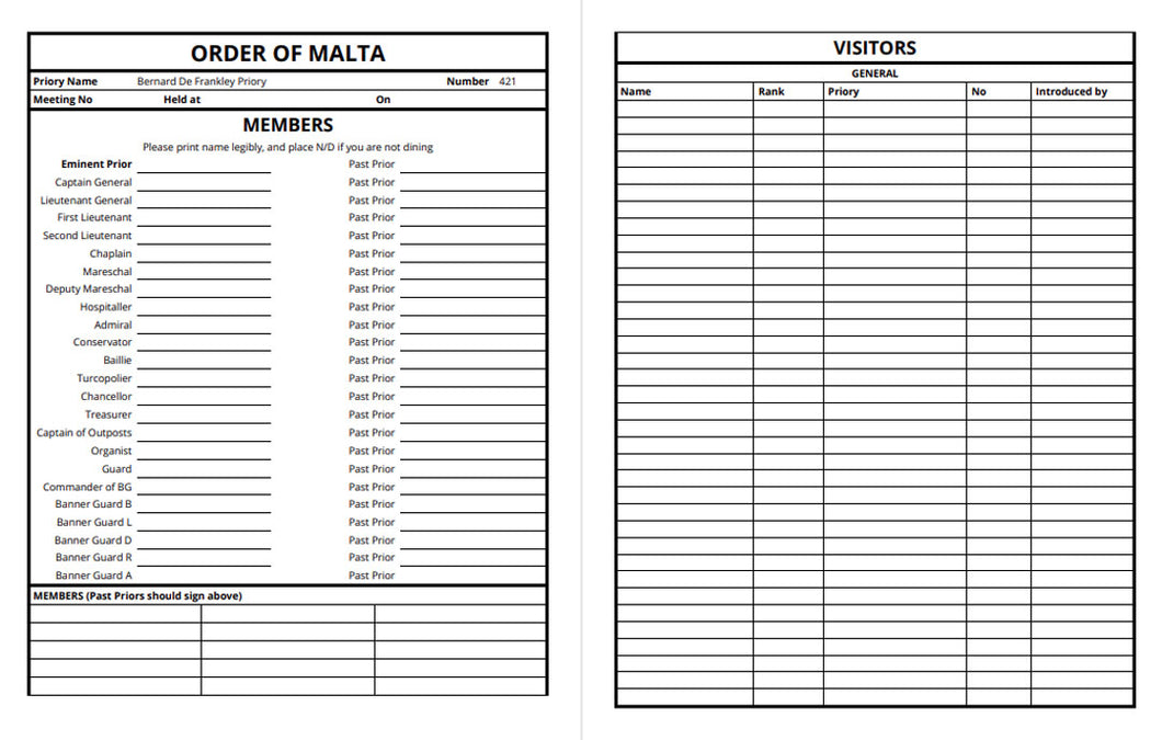 Masonic Attendance Book - Knights Templar / Malta (Split book)