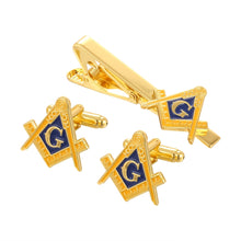 Load image into Gallery viewer, Masonic Compasses Freemason Mason Pin and Cuff links and Tie Clip Set