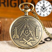 Load image into Gallery viewer, Men Bronze Masonic Freemason Compass Retro Chain Clock Necklace Pendant Quartz Pocket Watch Best Gifts for Freemasonry Women