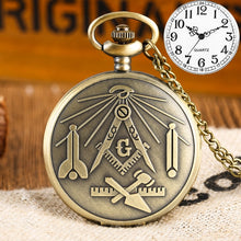 Load image into Gallery viewer, Men Bronze Masonic Freemason Compass Retro Chain Clock Necklace Pendant Quartz Pocket Watch Best Gifts for Freemasonry Women